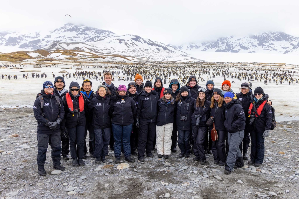 Inspiring Explorers Expedition™ team at St Andrews Bay, South Georgia, 2023. © Antarctica21/Rodrigo Moraga