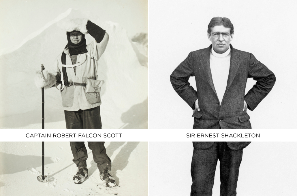 Left: Robert Falcon Scott, 8 October 1911. Right: Ernest Shackleton ca 1907.